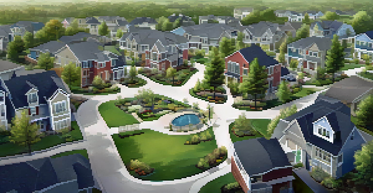 An aerial view of a suburban housing development with homes and green spaces.