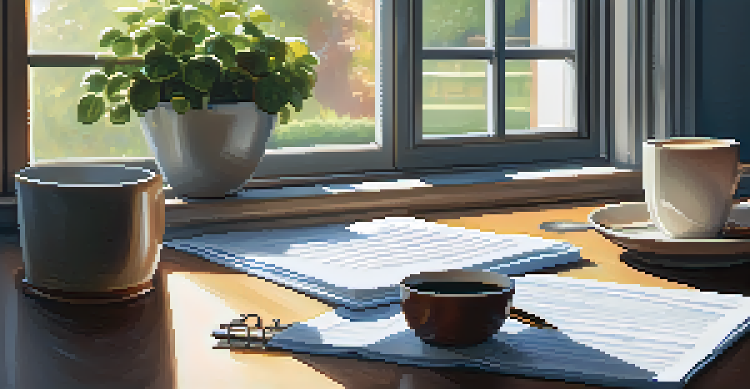 A homeowner reading HOA documents on a kitchen table, surrounded by a notepad and a cup of coffee, illuminated by soft morning light.