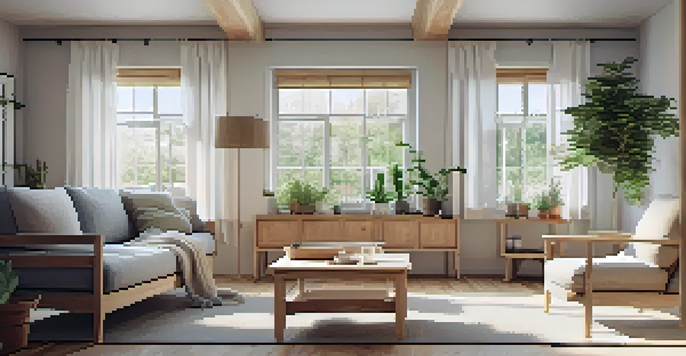 A minimalist Scandinavian living room with natural wood furniture and soft textiles, illuminated by natural light.