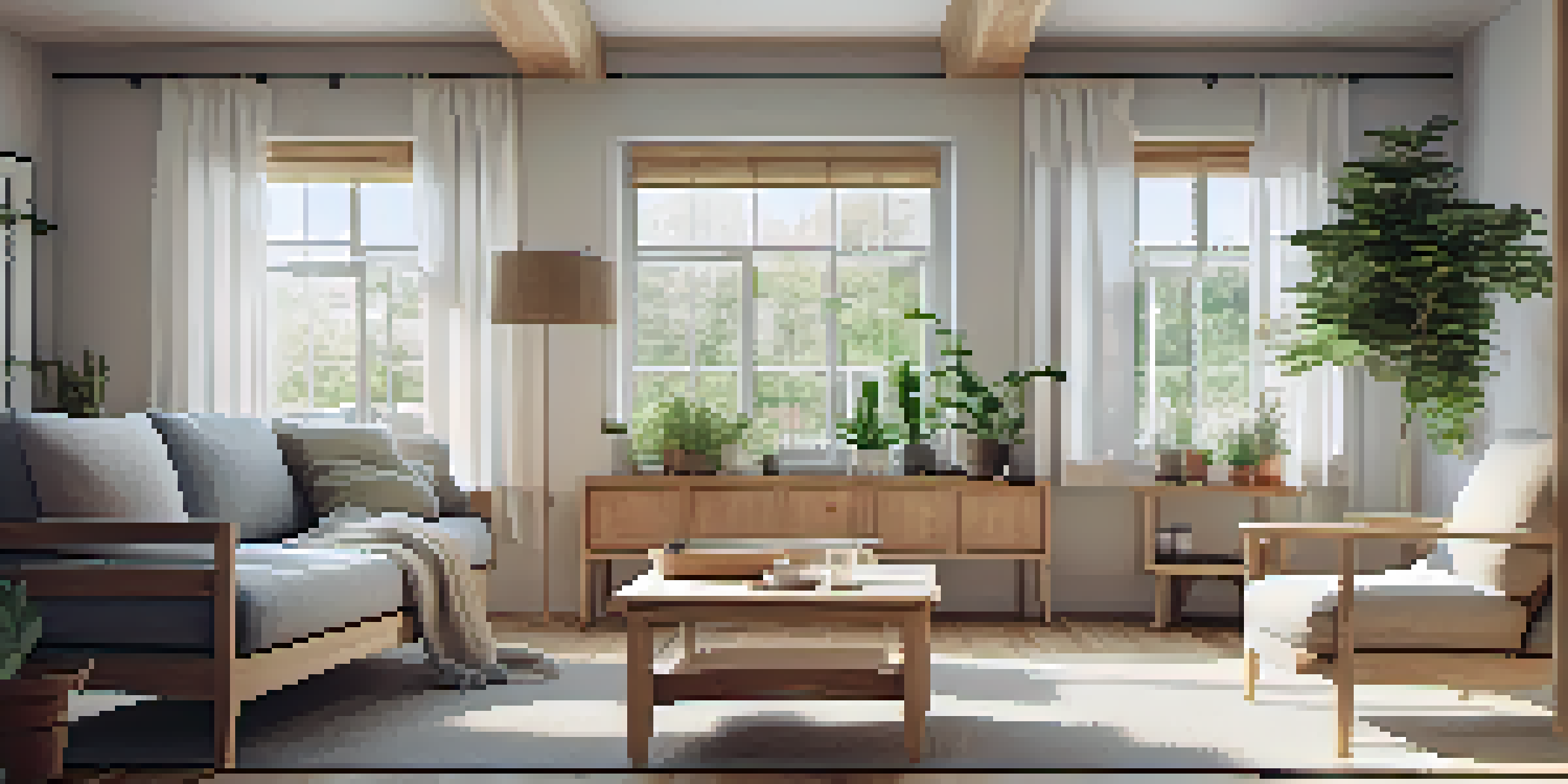 A minimalist Scandinavian living room with natural wood furniture and soft textiles, illuminated by natural light.