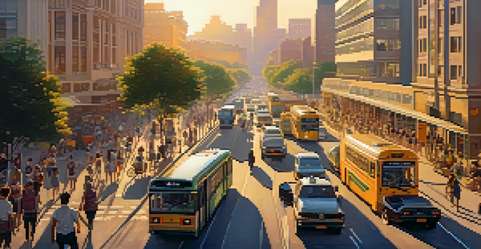 A lively urban landscape featuring modern infrastructure, illuminated by sunset light, with people and greenery present.