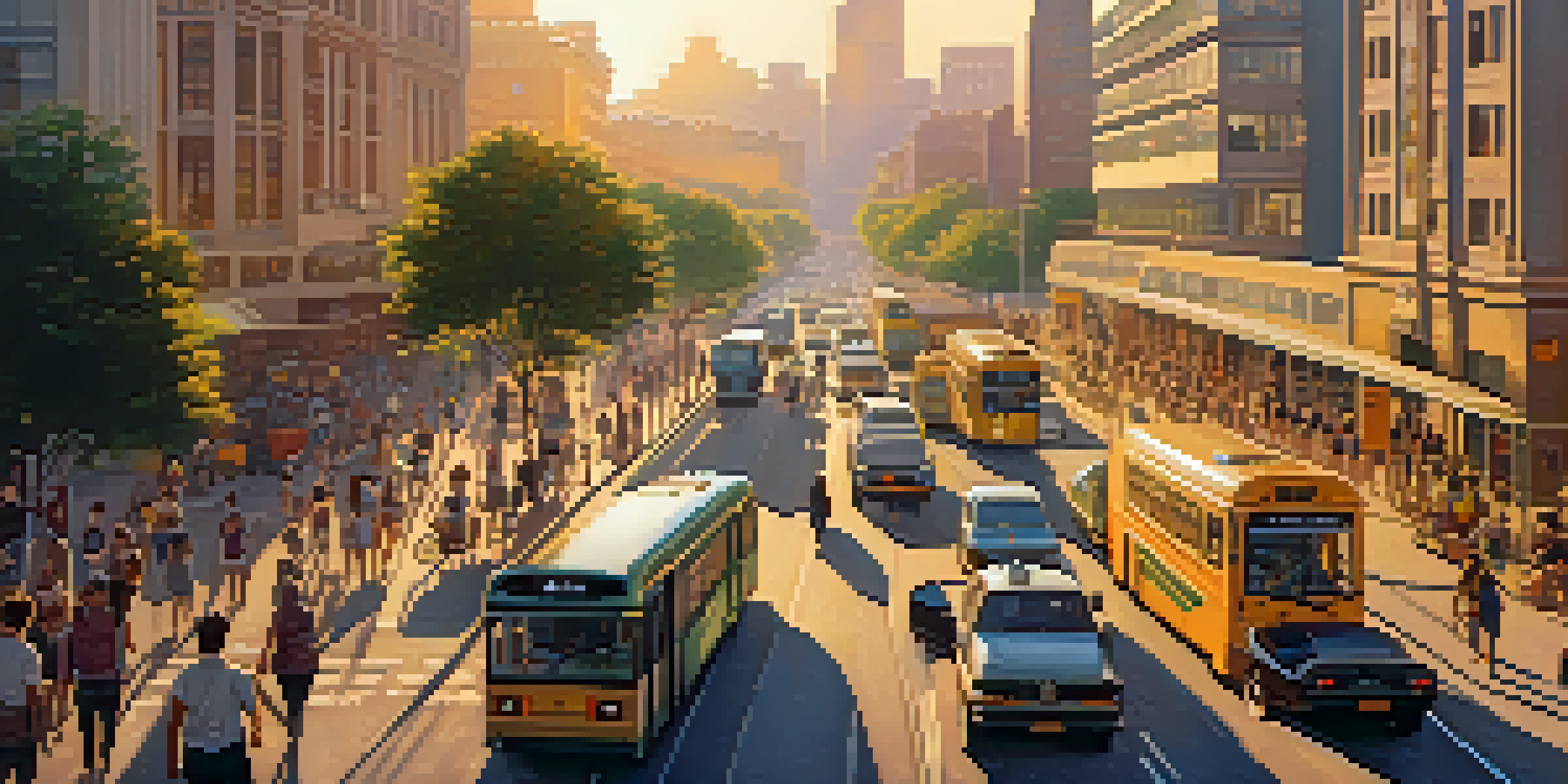 A lively urban landscape featuring modern infrastructure, illuminated by sunset light, with people and greenery present.