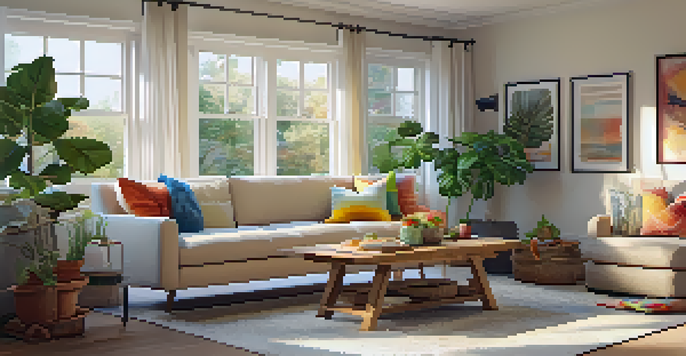 A comfortable living room with a beige sofa, colorful pillows, and a bright window, showcasing a warm and inviting space.