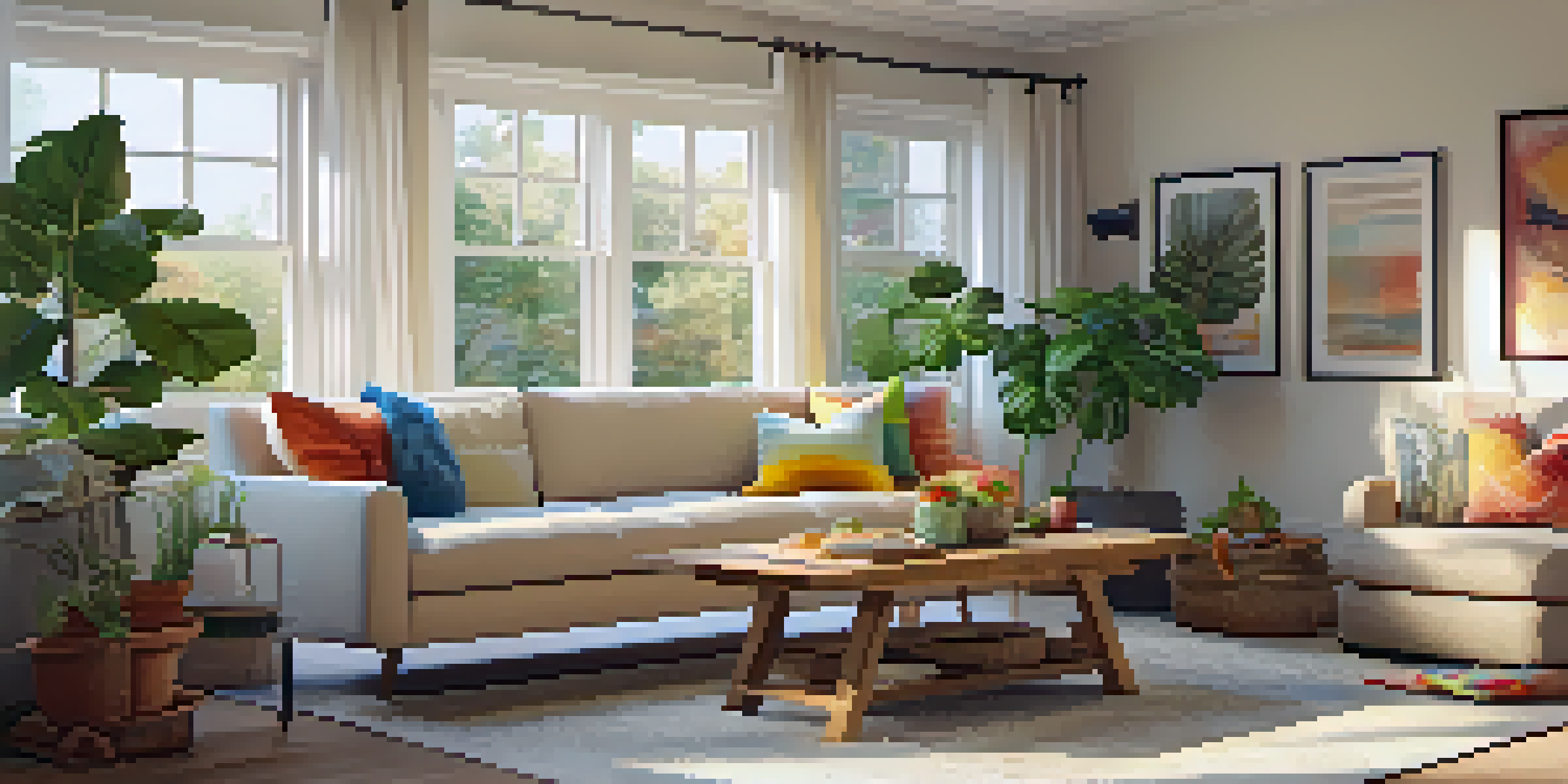 A comfortable living room with a beige sofa, colorful pillows, and a bright window, showcasing a warm and inviting space.