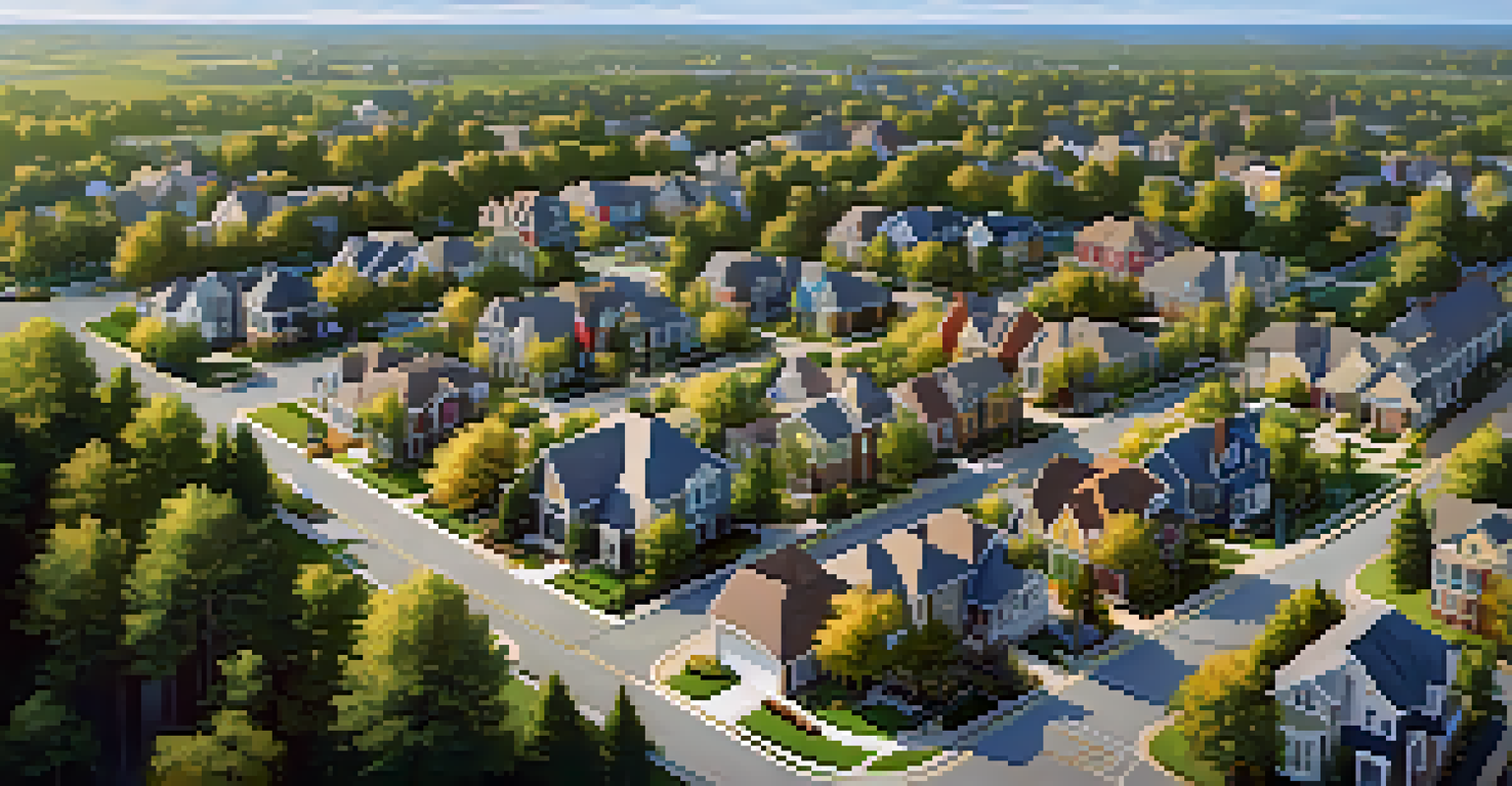 An aerial view of a suburban community with streets, homes, schools, and parks in bright daylight.