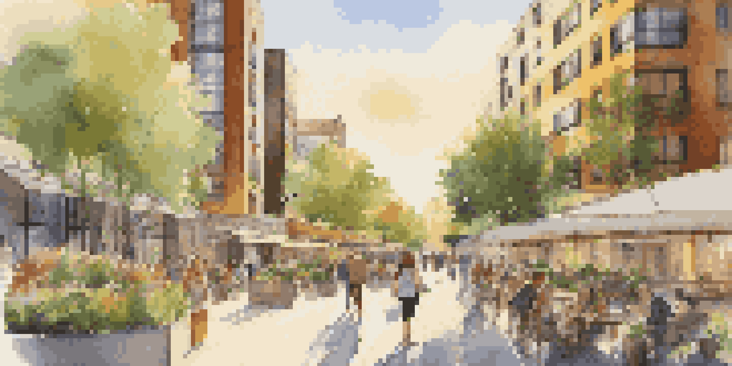 A lively city scene with modern buildings, green spaces, and people enjoying outdoor cafes during sunset.