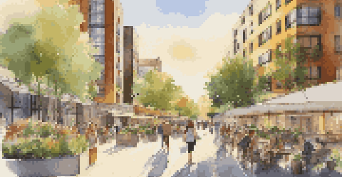 A lively city scene with modern buildings, green spaces, and people enjoying outdoor cafes during sunset.