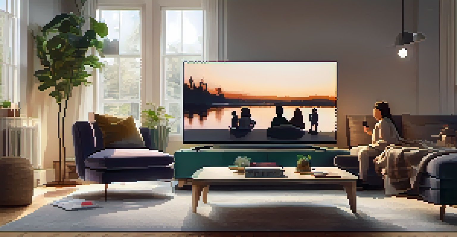 A family in a living room enjoying a movie on a smart TV, with soft lighting and a smart speaker nearby.