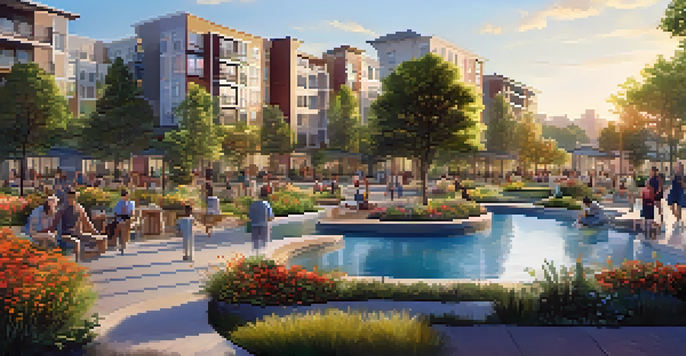 A modern apartment complex surrounded by greenery and people enjoying a community park in warm sunlight.