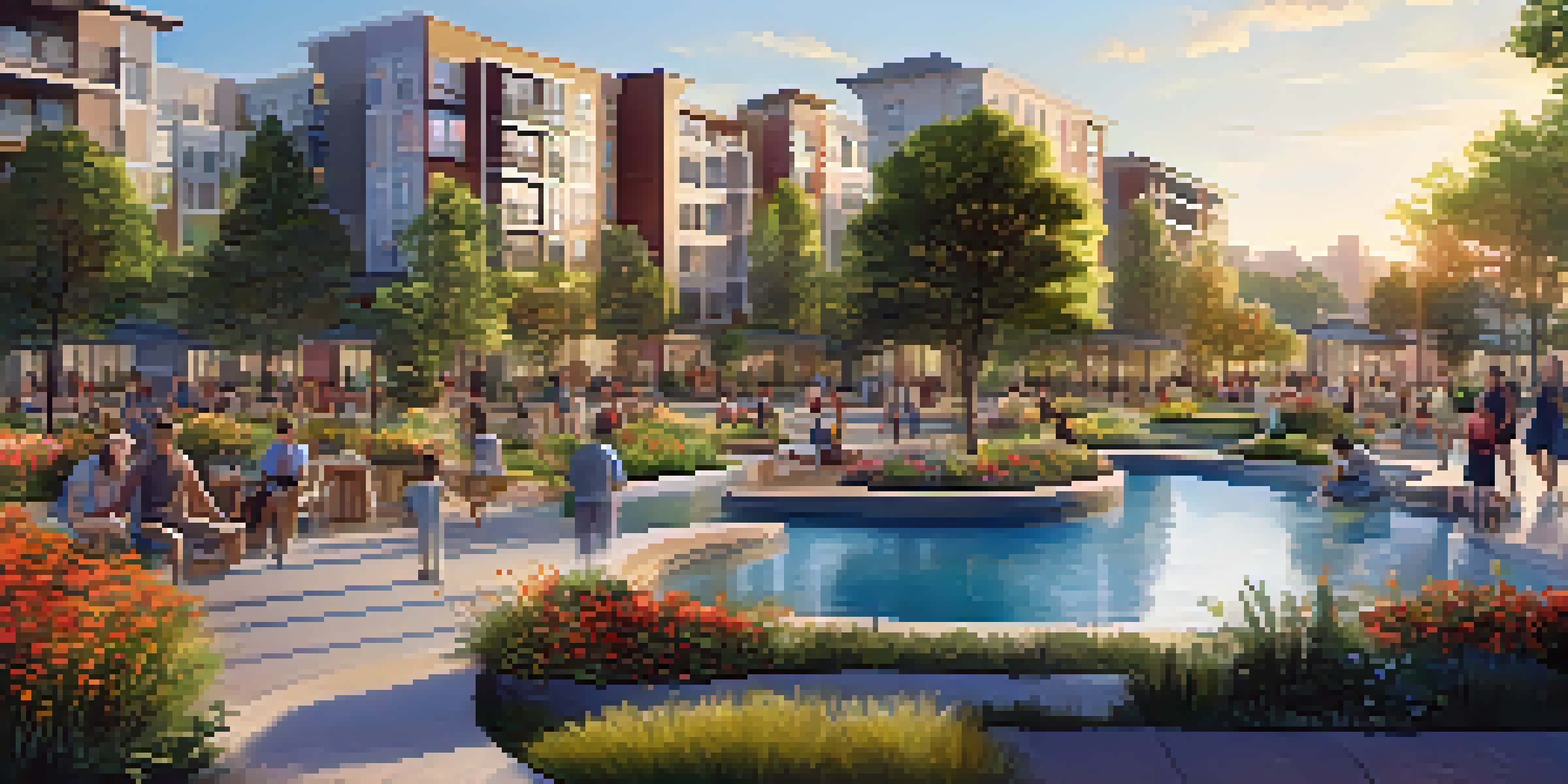 A modern apartment complex surrounded by greenery and people enjoying a community park in warm sunlight.