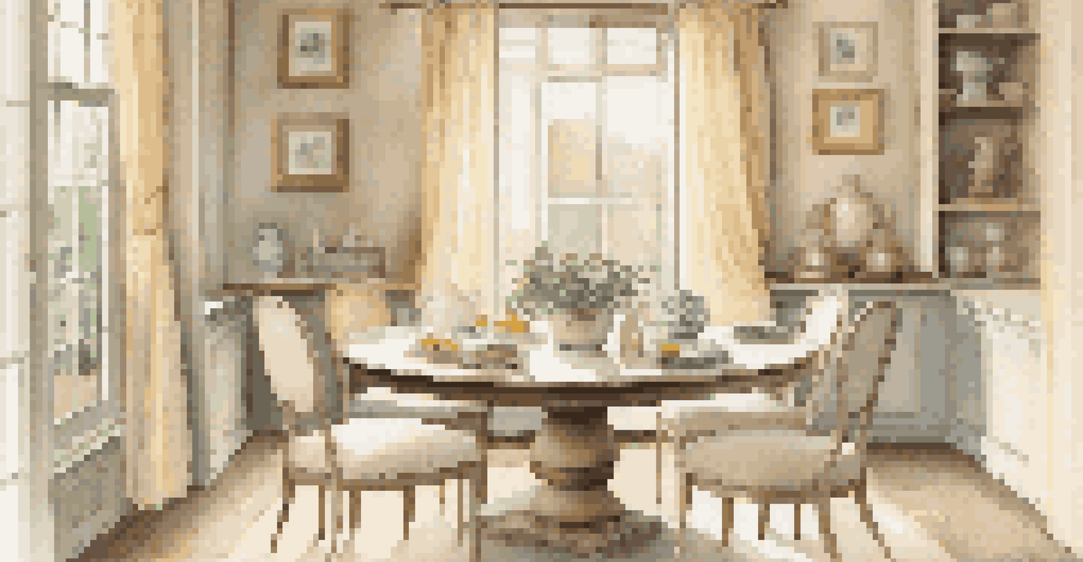 A cozy dining nook with a round table and light-colored chairs, set against soft cream walls. Natural light pours in through a large window with sheer curtains.