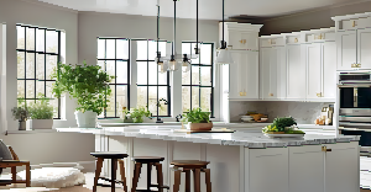A modern kitchen with white cabinets, a marble island, and stainless steel appliances, filled with natural light.