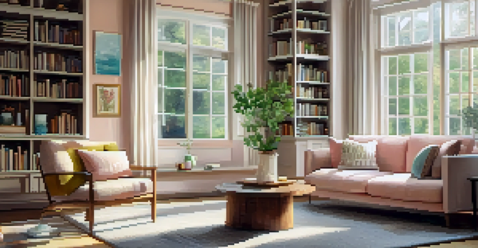 A cozy living room with sunlight streaming through a large window, a comfortable sofa, and a wooden coffee table with flowers.