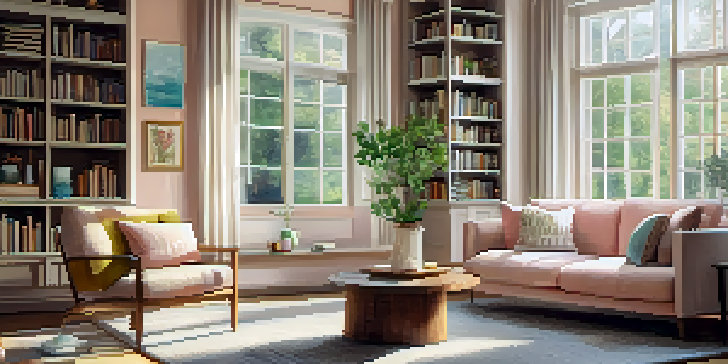 A cozy living room with sunlight streaming through a large window, a comfortable sofa, and a wooden coffee table with flowers.