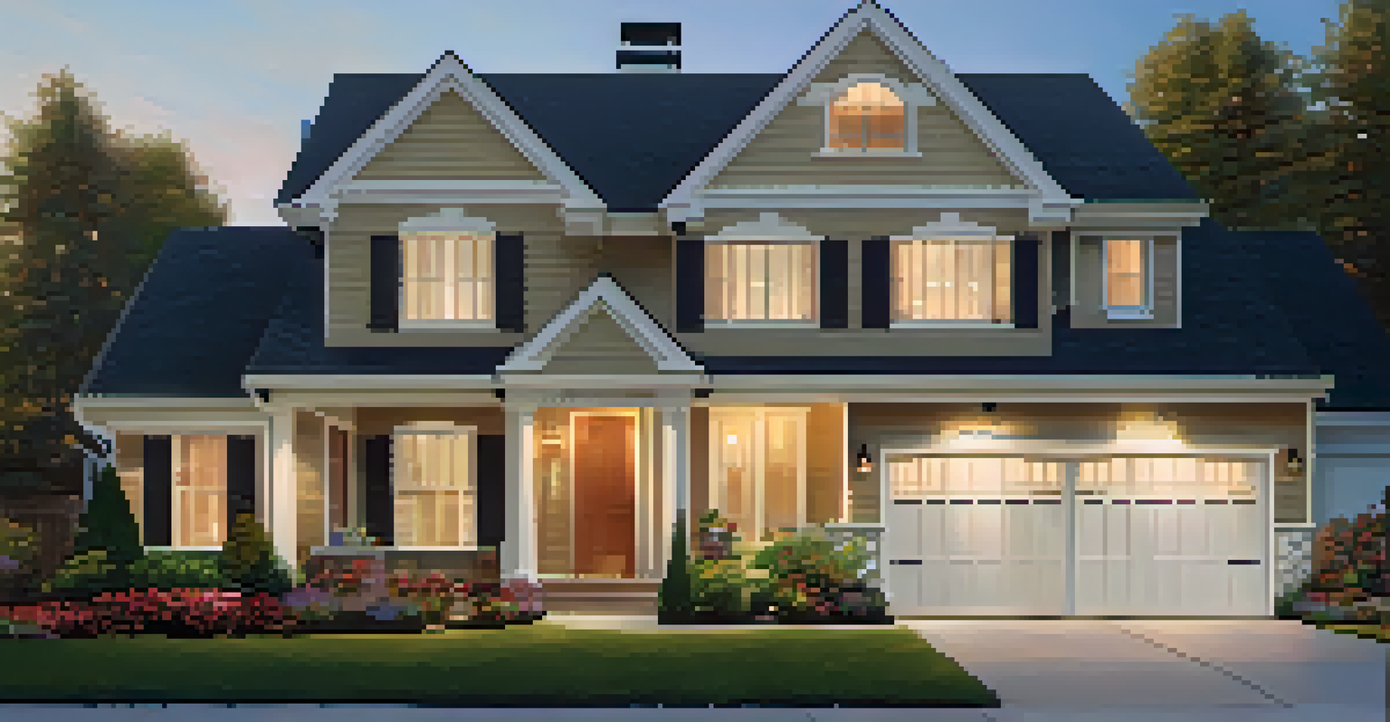 A charming front entrance with a painted door and beautiful landscaping, bathed in warm golden light.