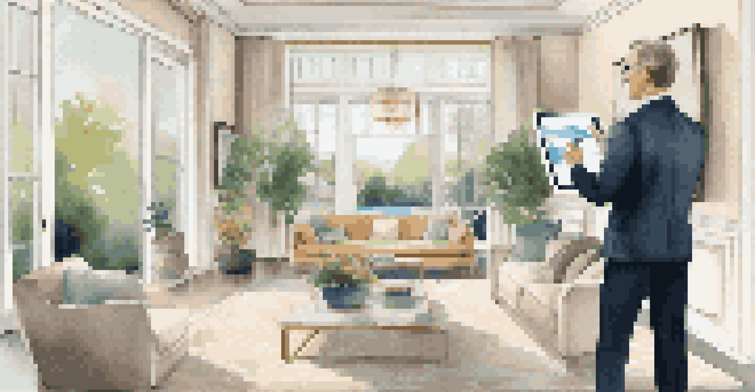 A real estate agent giving a virtual tour in a beautifully decorated living room, holding a tablet with the property displayed.