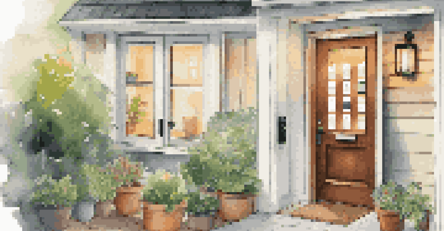 A close-up of a smart lock on a front door, with a family entering the house in the background, surrounded by outdoor lighting and plants.