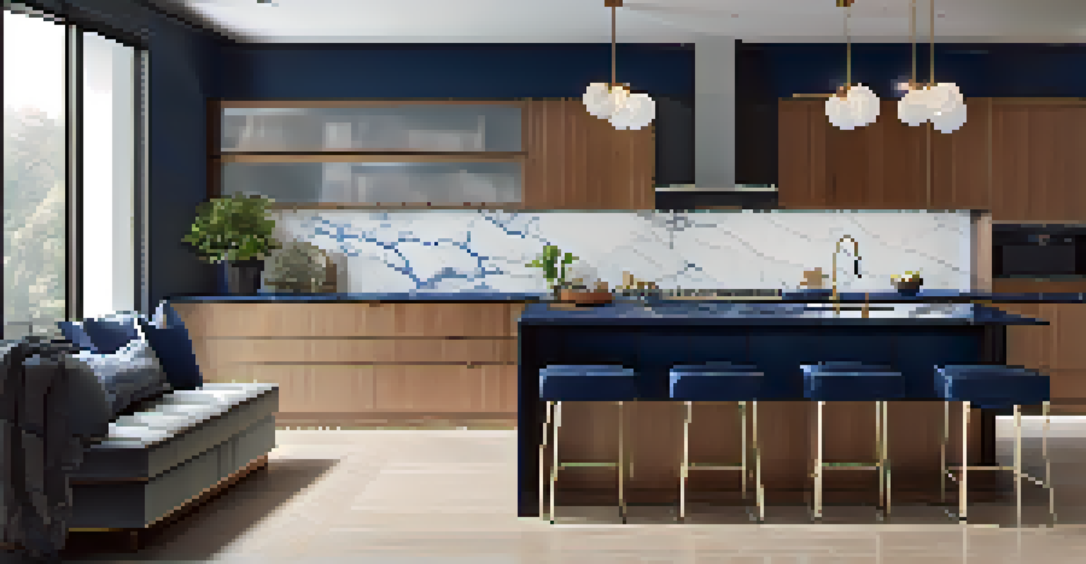 A modern kitchen with navy blue cabinetry, marble countertops, and stainless steel appliances, illuminated by natural light.