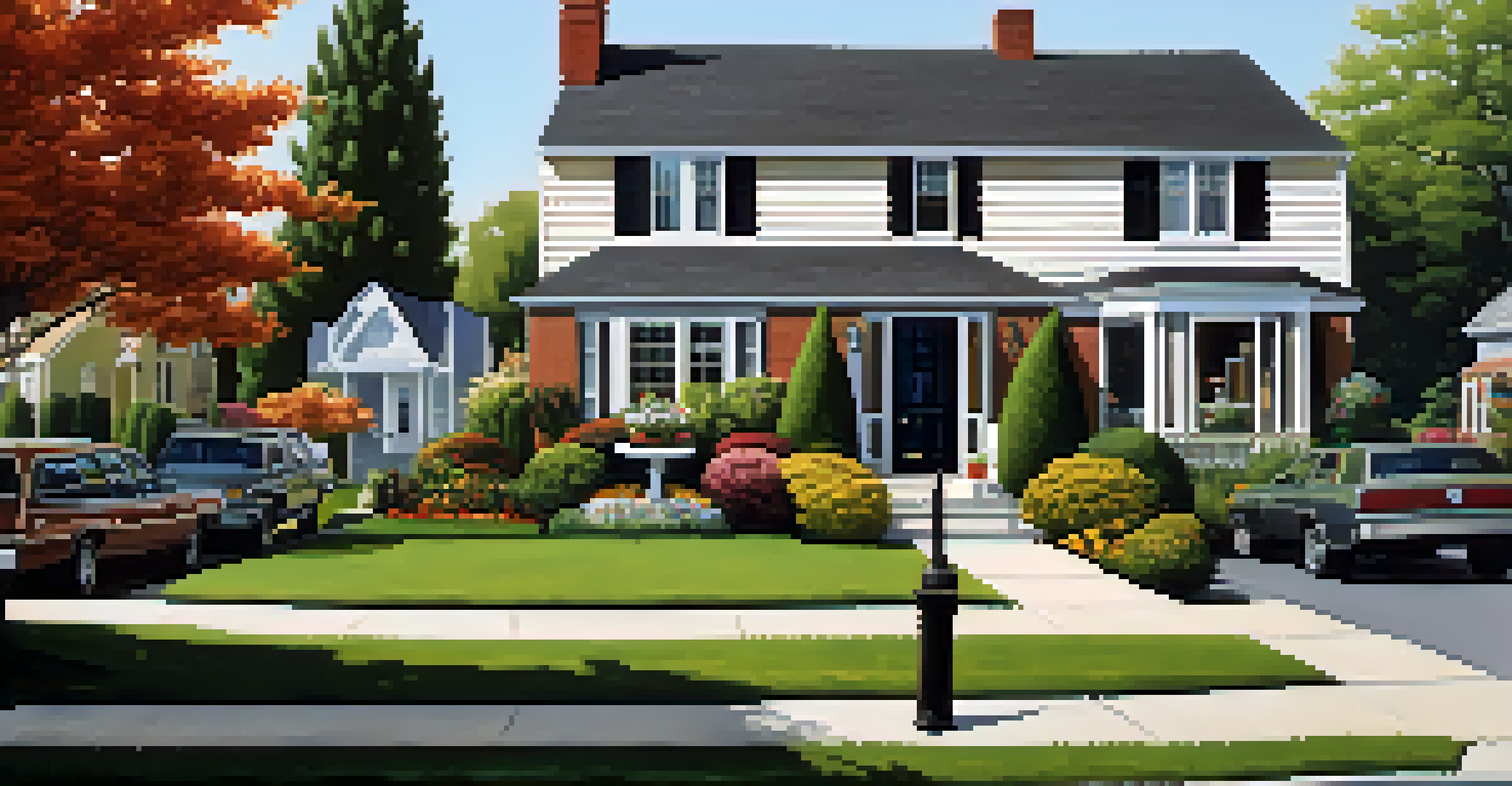 A vibrant suburban neighborhood with houses, gardens, and children playing outside.