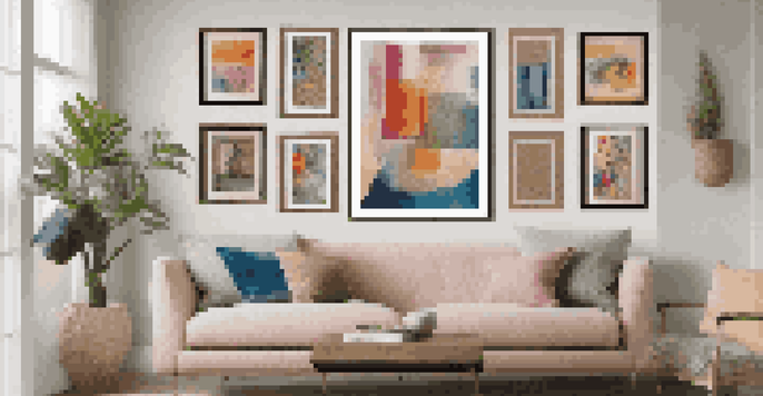 An eclectic wall art display showcasing a variety of colorful abstract paintings and vintage photographs, arranged in a visually balanced manner against a neutral background.