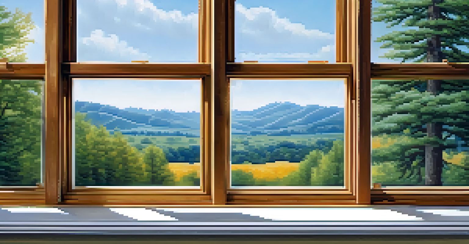 A close-up of a double-pane energy-efficient window illustrating its layers and texture, with a view of trees and blue sky outside.