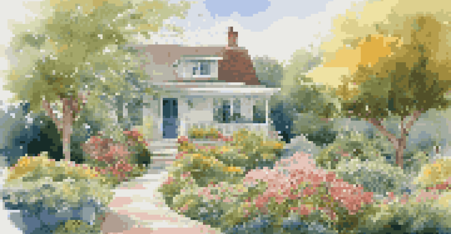 A beautiful garden in front of a house with colorful flowers and a clear blue sky.