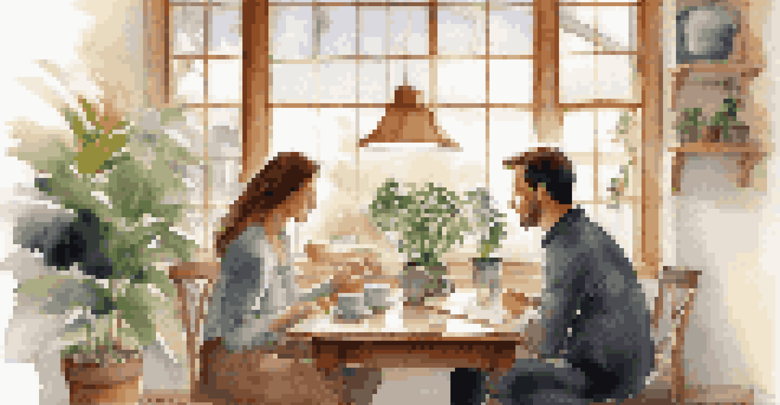 A couple reviewing a property inspection report at a dining table, with natural light, a houseplant, and a coffee cup, depicting a cozy and engaging atmosphere.