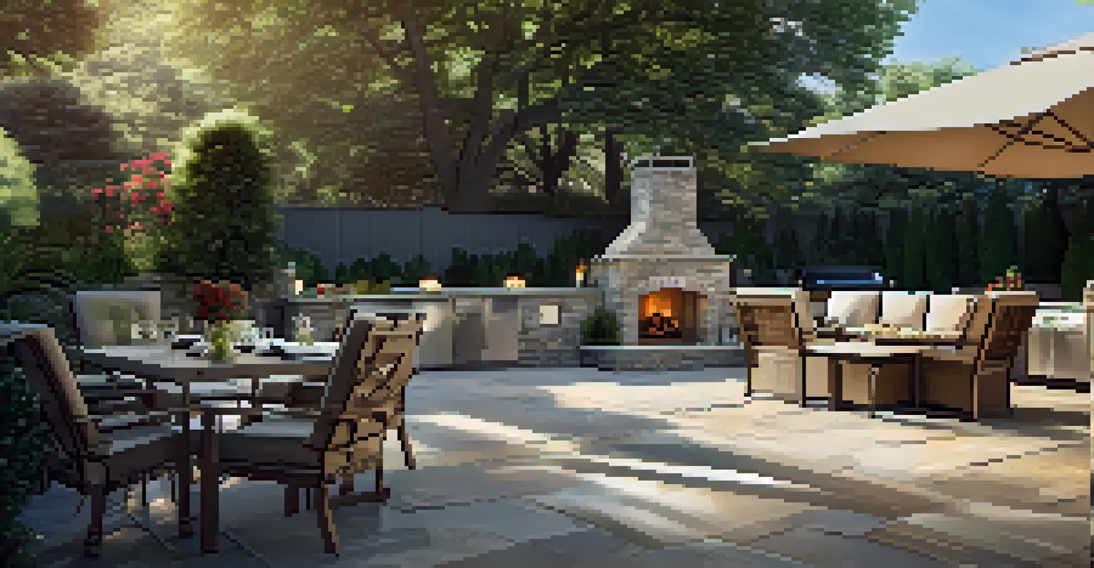 A beautiful outdoor living space with a landscaped garden, patio, and outdoor kitchen.