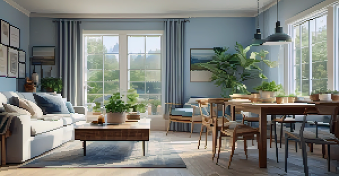 A bright and inviting open concept living area with a cozy seating arrangement, large windows, and decorative plants, creating a tranquil environment.