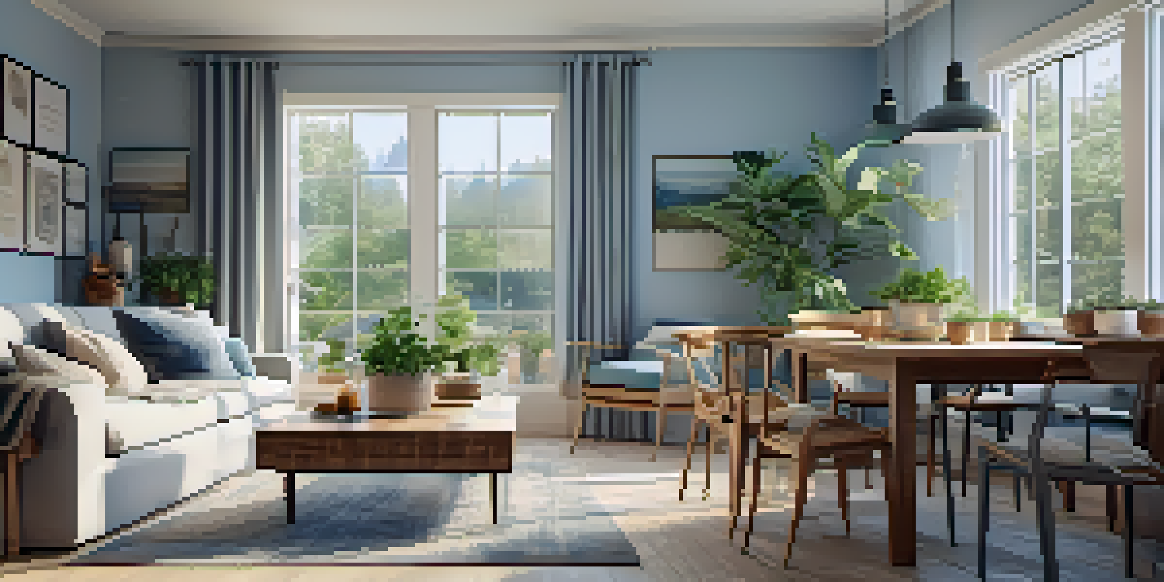 A bright and inviting open concept living area with a cozy seating arrangement, large windows, and decorative plants, creating a tranquil environment.