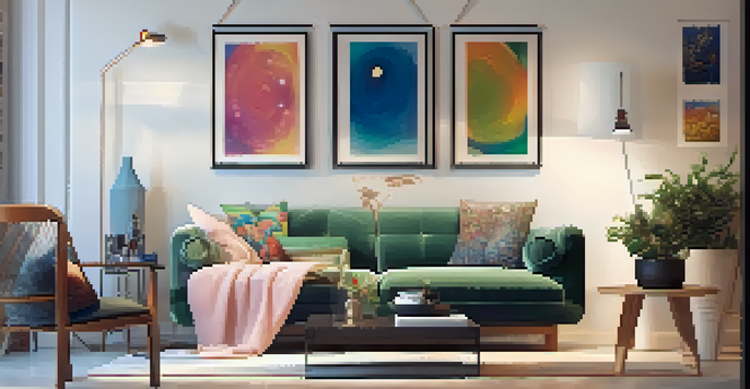 A cozy art corner with a small table displaying colorful artwork, surrounded by framed prints, and a comfortable chair, softly lit by fairy lights.