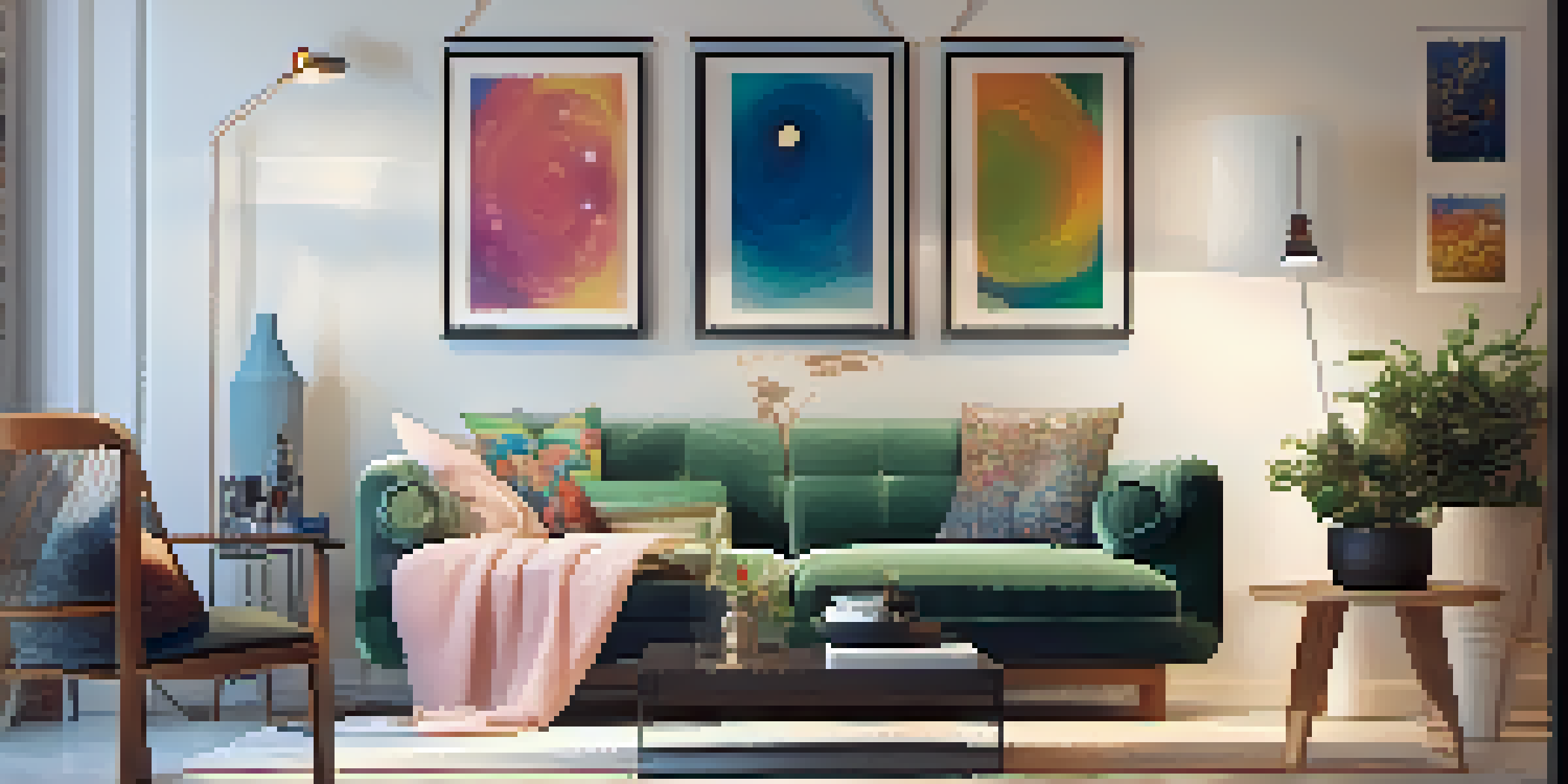 A cozy art corner with a small table displaying colorful artwork, surrounded by framed prints, and a comfortable chair, softly lit by fairy lights.