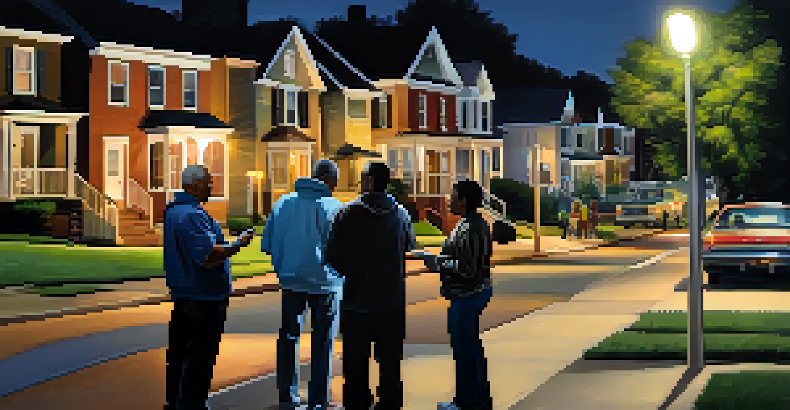 A neighborhood watch group of diverse residents conversing together with smartphones, illuminated by streetlights, symbolizing community spirit and safety.