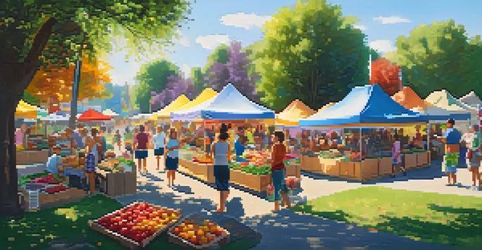 A lively community fair with families, colorful stalls, and children playing in a sunny park.