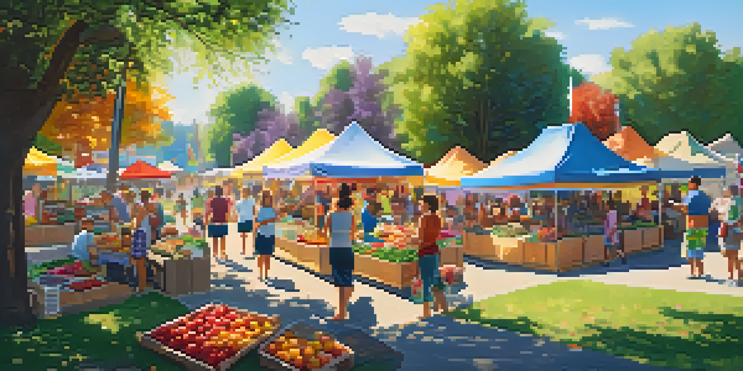 A lively community fair with families, colorful stalls, and children playing in a sunny park.