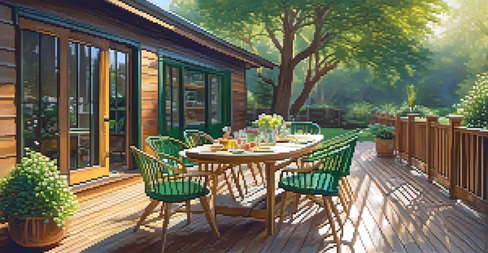 A wooden deck in a sunny backyard with potted plants and a table set for an outdoor meal, illuminated by warm sunlight.