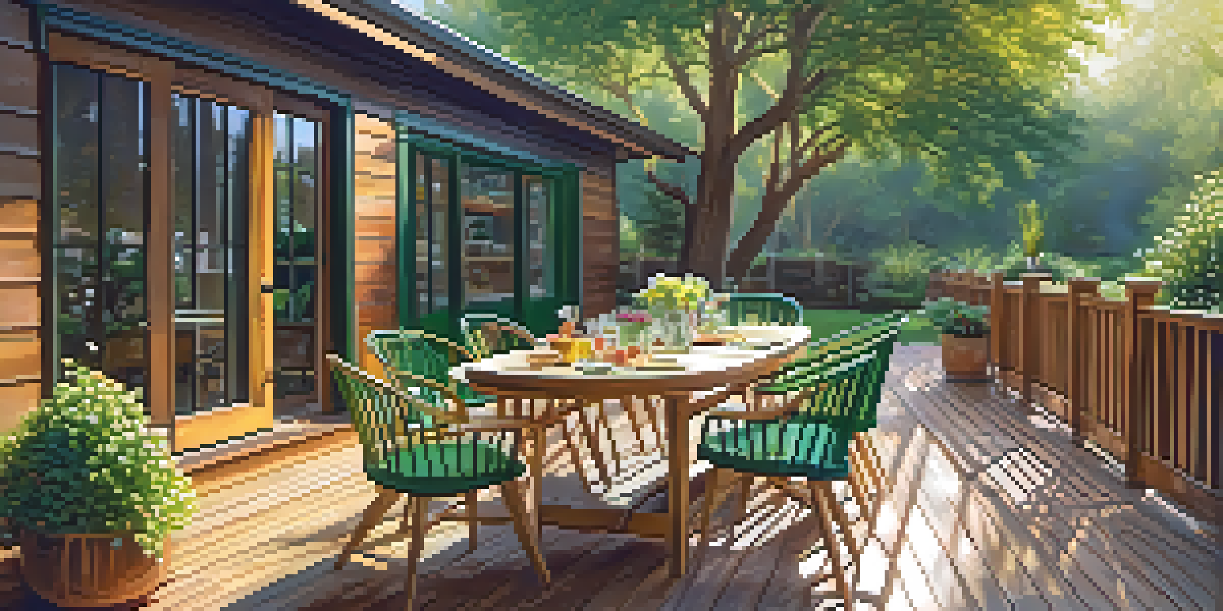 A wooden deck in a sunny backyard with potted plants and a table set for an outdoor meal, illuminated by warm sunlight.