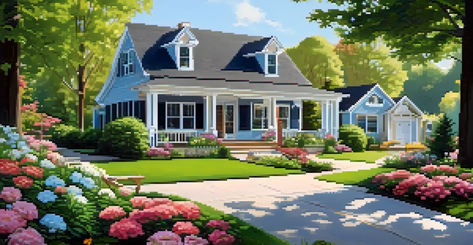 A charming suburban home with a beautiful lawn and colorful flowers under a clear blue sky.