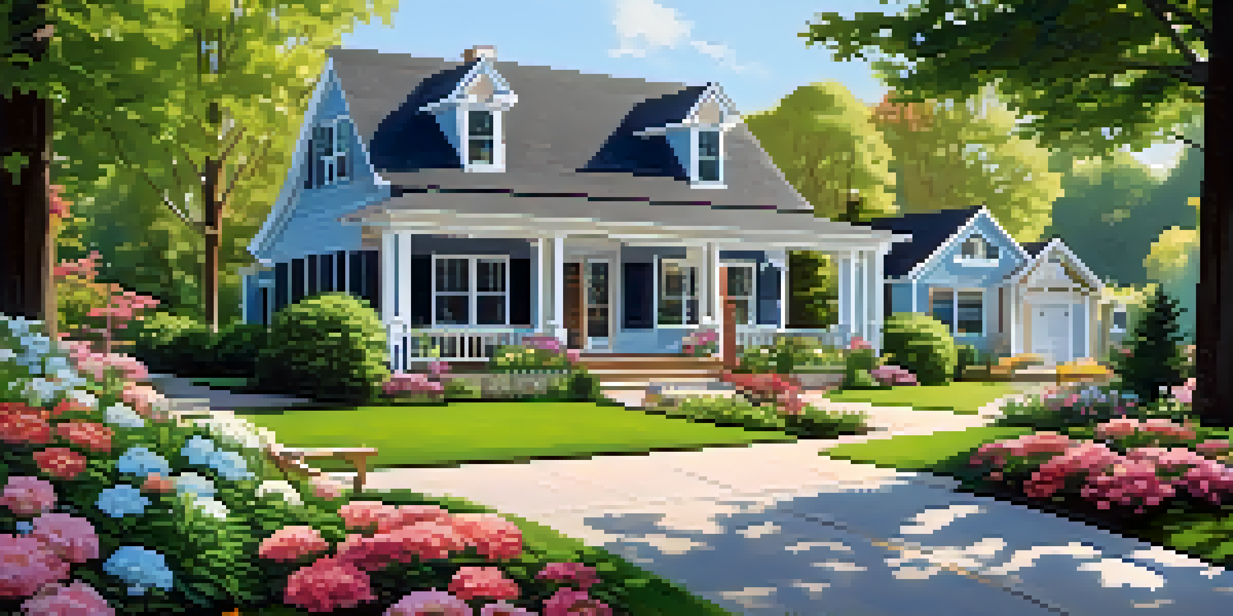 A charming suburban home with a beautiful lawn and colorful flowers under a clear blue sky.