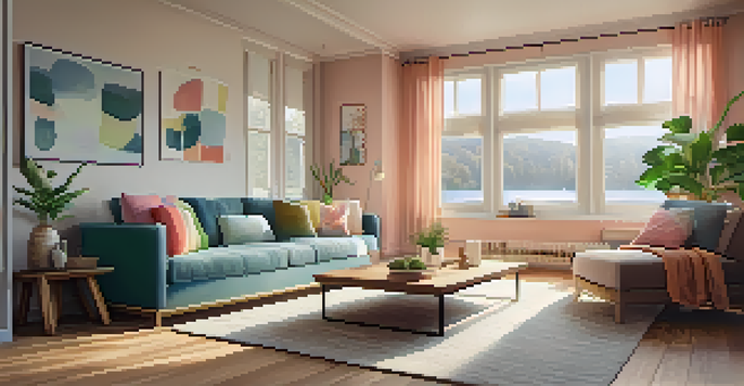 A modern living room with a stylish sofa, colorful cushions, and a wooden coffee table, illuminated by natural light from a large window.
