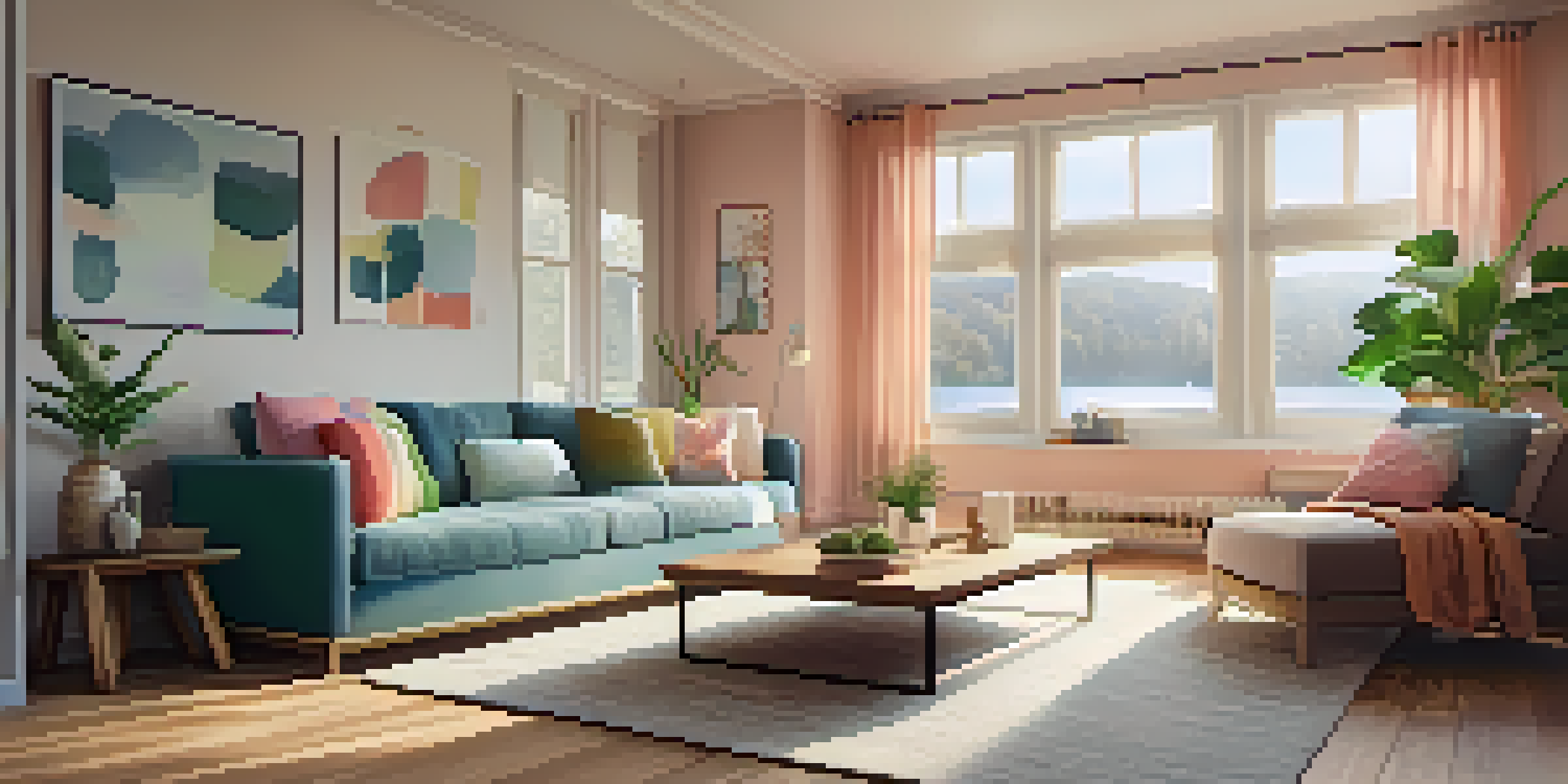 A modern living room with a stylish sofa, colorful cushions, and a wooden coffee table, illuminated by natural light from a large window.