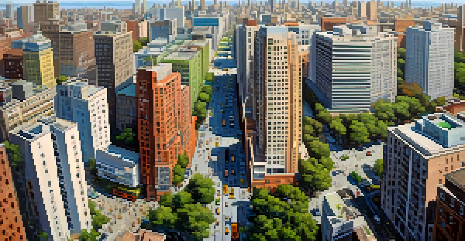 An aerial view of a vibrant urban area featuring high-rise buildings, green spaces, and busy streets.