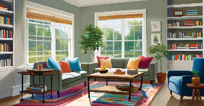 A bright and inviting living room with a sofa, wooden coffee table, and bookshelf, illuminated by natural light.
