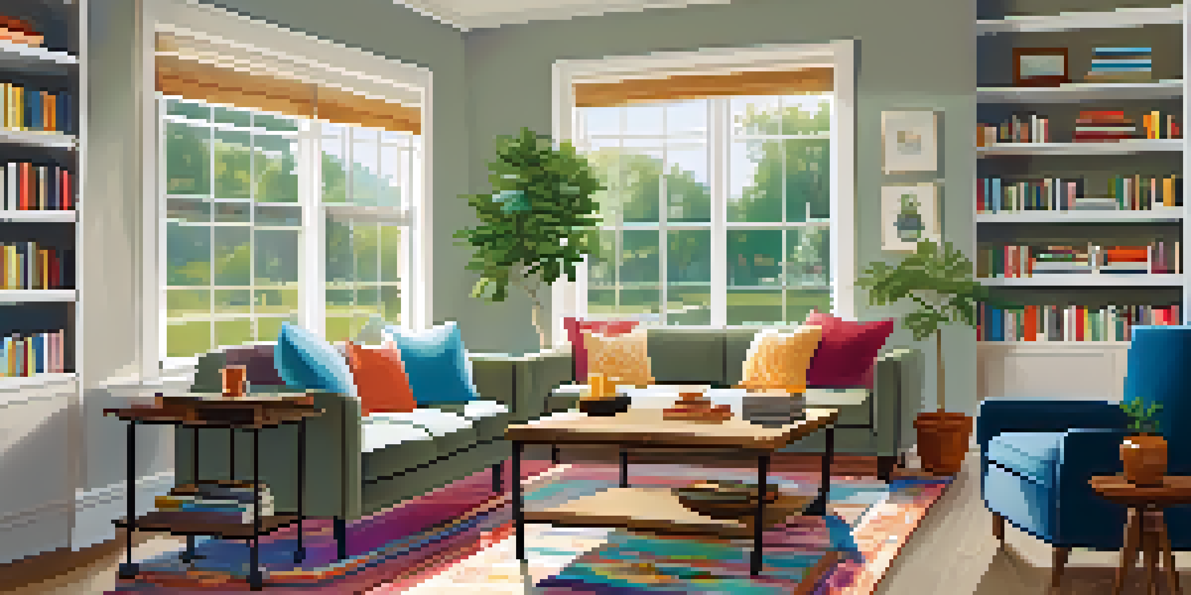 A bright and inviting living room with a sofa, wooden coffee table, and bookshelf, illuminated by natural light.