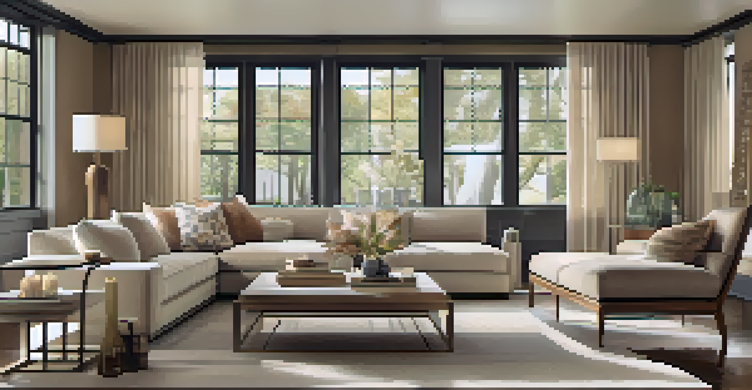 An inviting living room with an open floor plan, filled with soft furnishings and natural light from large windows.