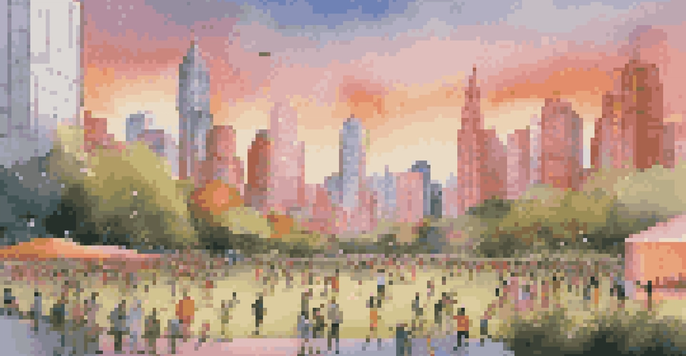 A vibrant urban skyline at sunset with people enjoying a park surrounded by greenery and modern art.