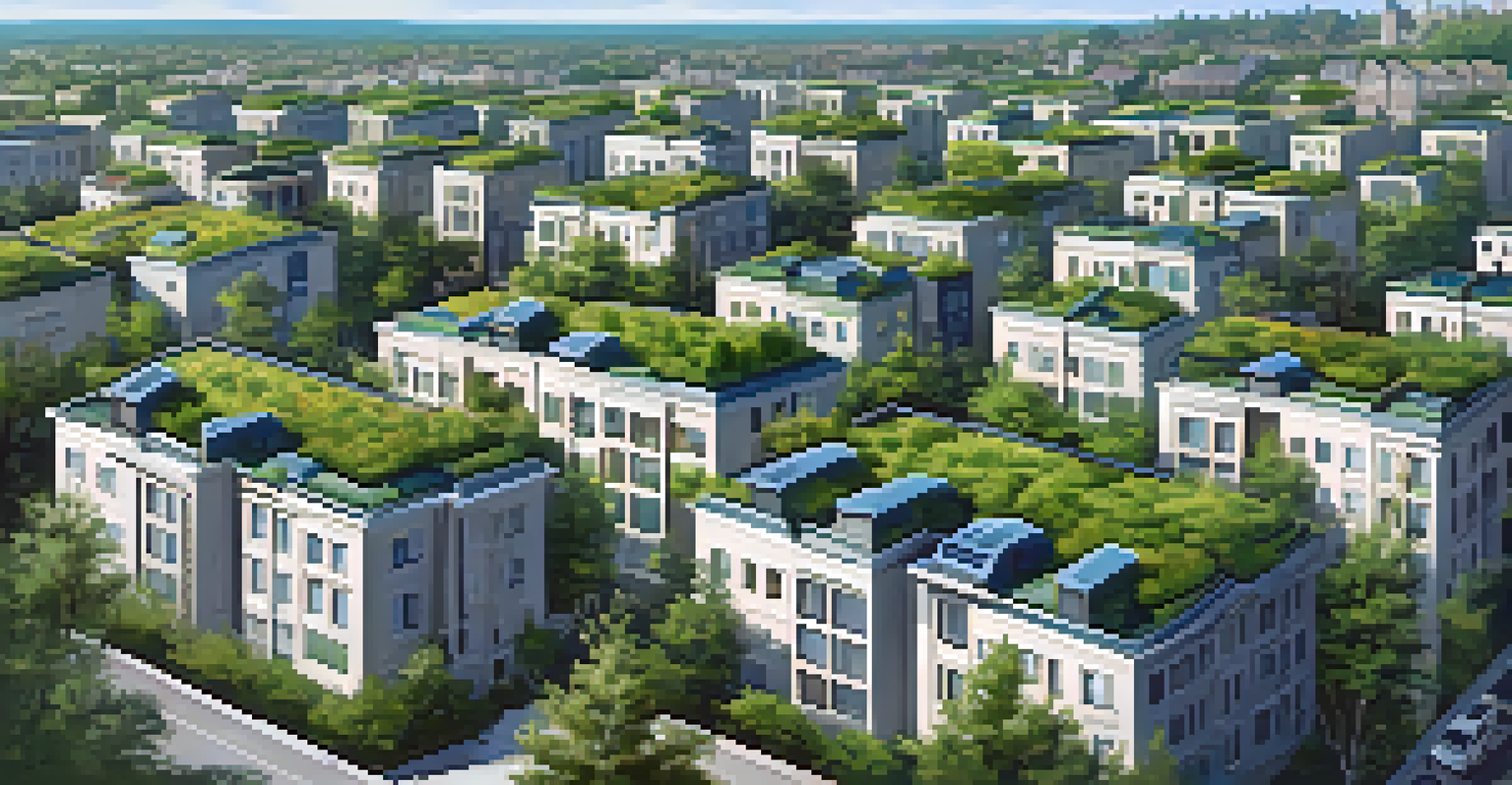 An aerial view of houses with green roofs in a residential neighborhood, surrounded by urban buildings and blue skies.