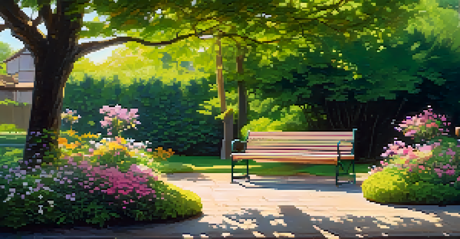 A tranquil garden with blooming flowers, a wooden bench, and dappled sunlight under a tree.