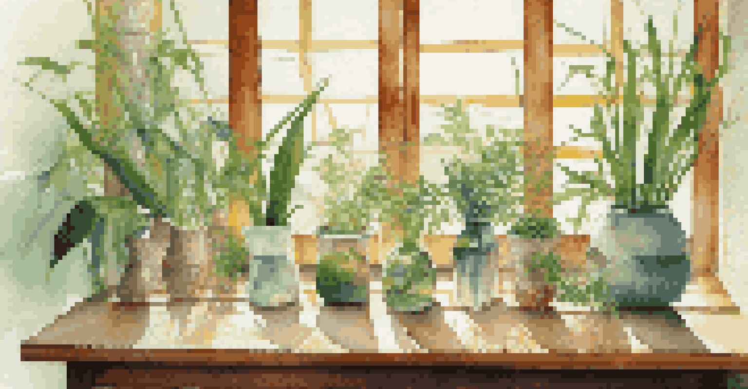 An arrangement of sustainable materials such as bamboo and recycled plastics on a table with a sunlit window and green plants in the background.