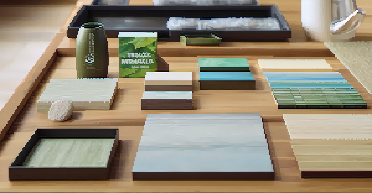A variety of sustainable materials including bamboo flooring, recycled glass tiles, and energy-efficient labels displayed on a wooden table.